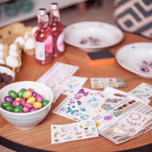 Stickers, colours and chocolate.