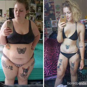 After major weight loss, tattoos may look more narrow.