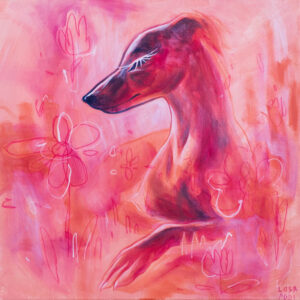 Hound in the garden of flowers, at dusk print