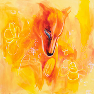 Hound in the garden of flowers, at dawn print